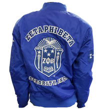 Load image into Gallery viewer, ZETA PHI BETA SORORITY BLUE BOMBER JACKET OLD SCHOOL ZETA FLIGHT JACKET