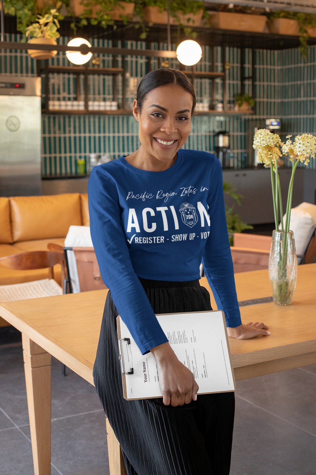 Zeta Phi Beta Sorority Pacific Region Zeta to Action Royal Blue Long Sleeve Sleeve T-shirt